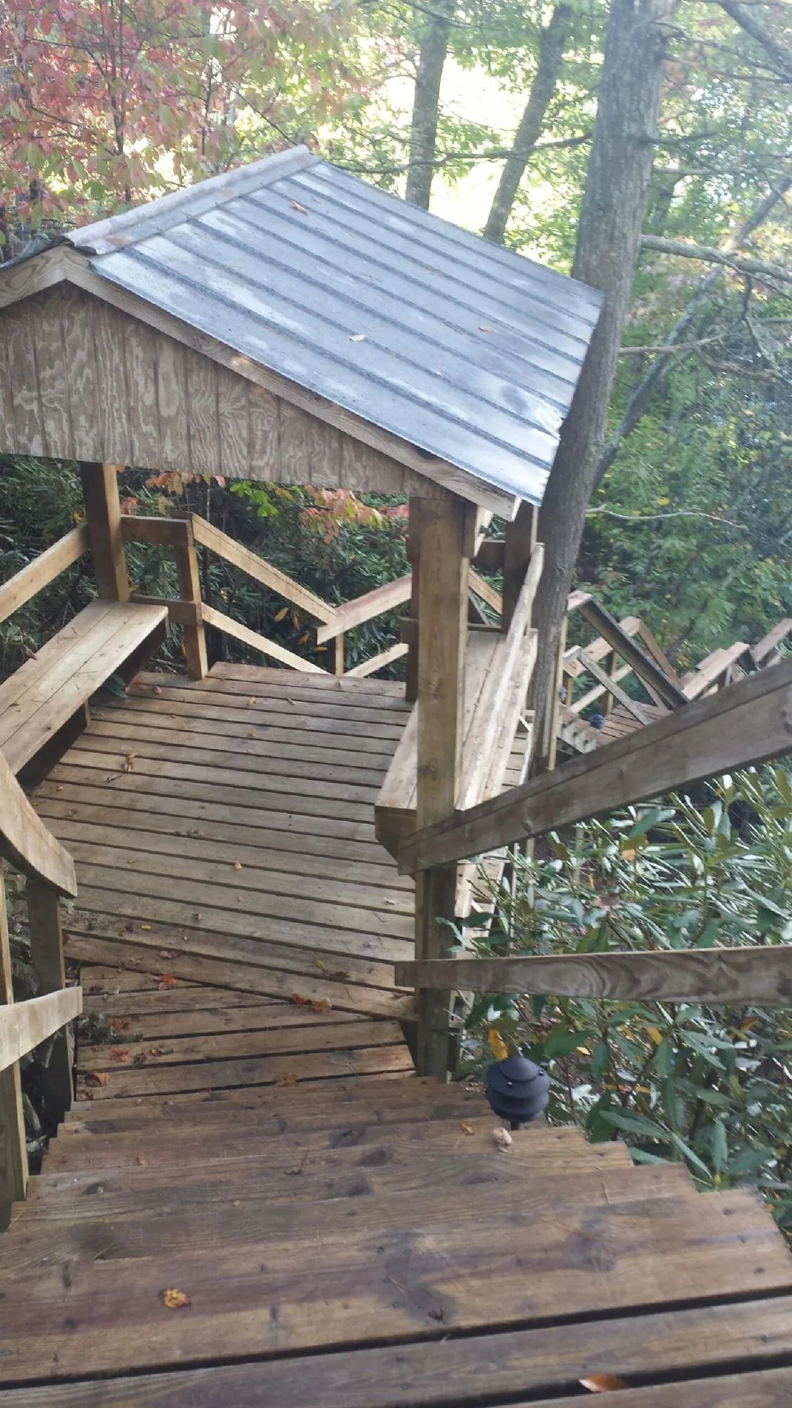 Metal roofed shelter over wooden steps on a wooded walkway — Skylight Repair & Installation work by our crew in New Smyrna Beach